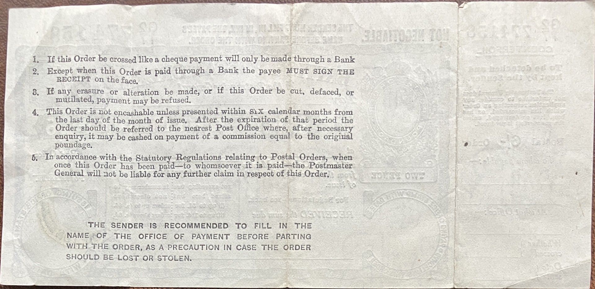 Six Shillings Postal Order reverse