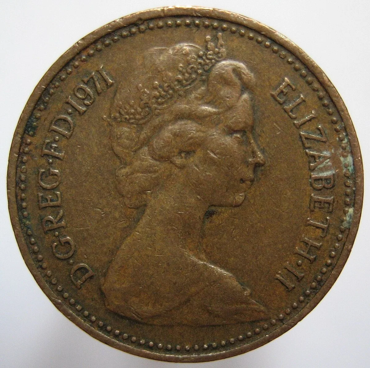 UK new penny, 1971, obverse