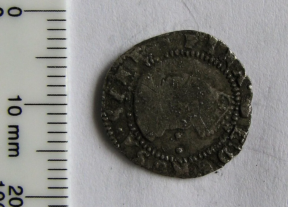 Uncleaned halfgroat of Elizabeth I, obverse, a post-medieval find