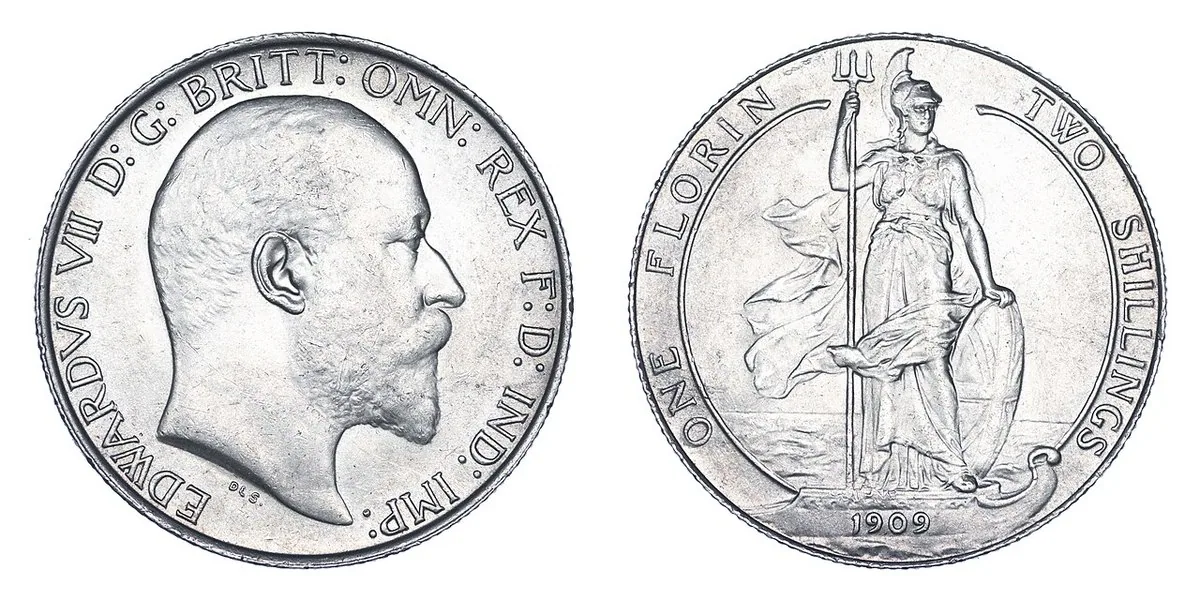 1909 silver florin 1909 British silver florin coin