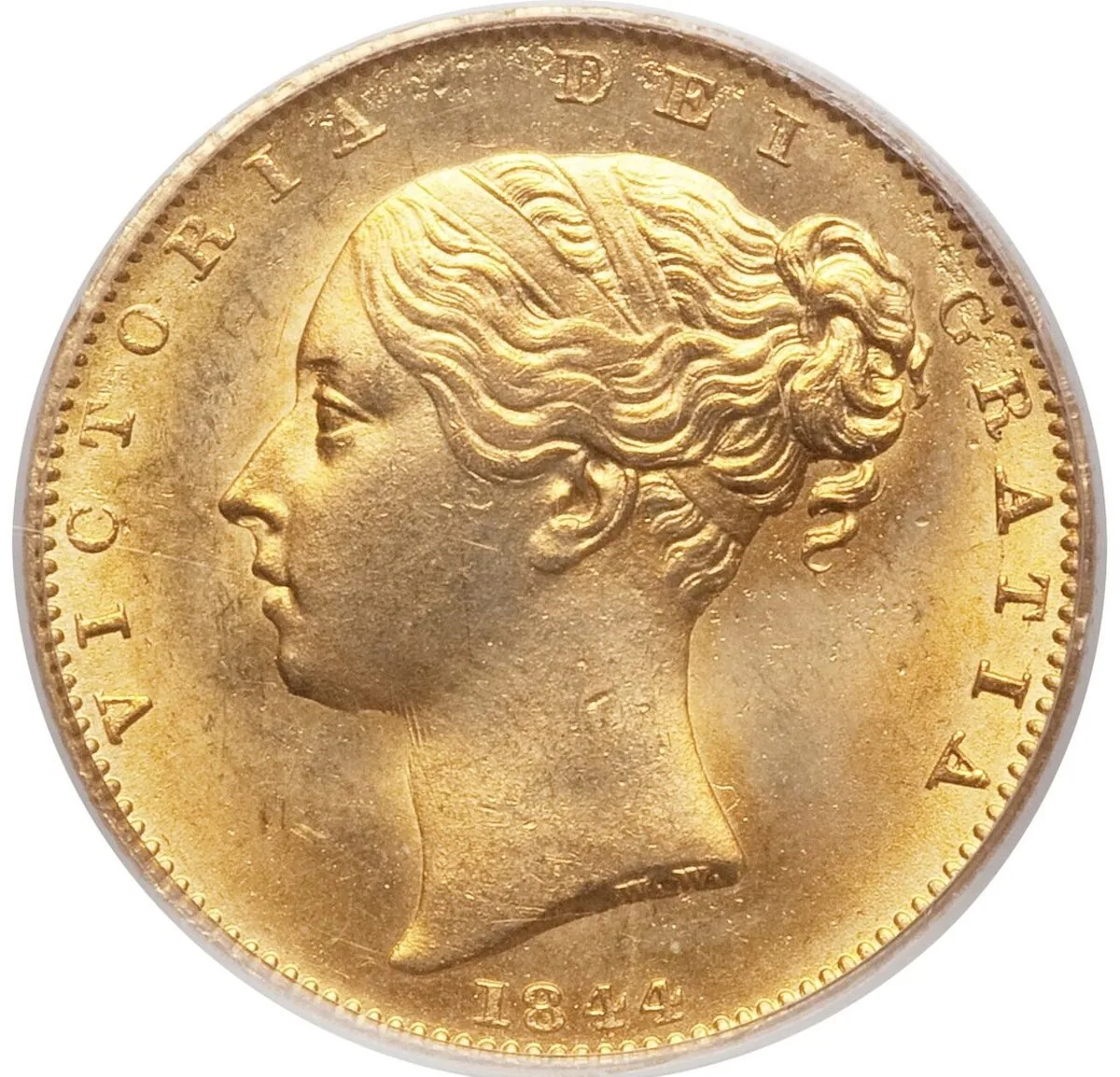 1844 sovereign obverse Obverse of an 1844 gold sovereign