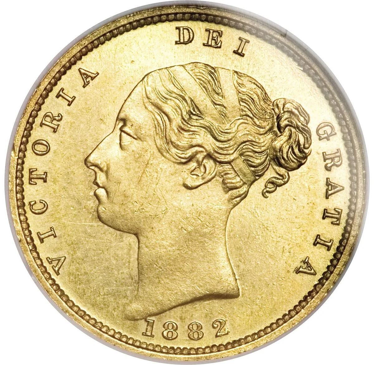 1882 half sovereign obverse Obverse of an 1882 gold half sovereign with an M mint mark