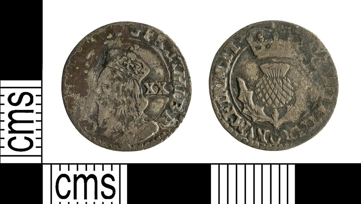 Charles I Scottish twenty pence Post-medieval Scottish twenty pence coin of Charles I, a recorded find