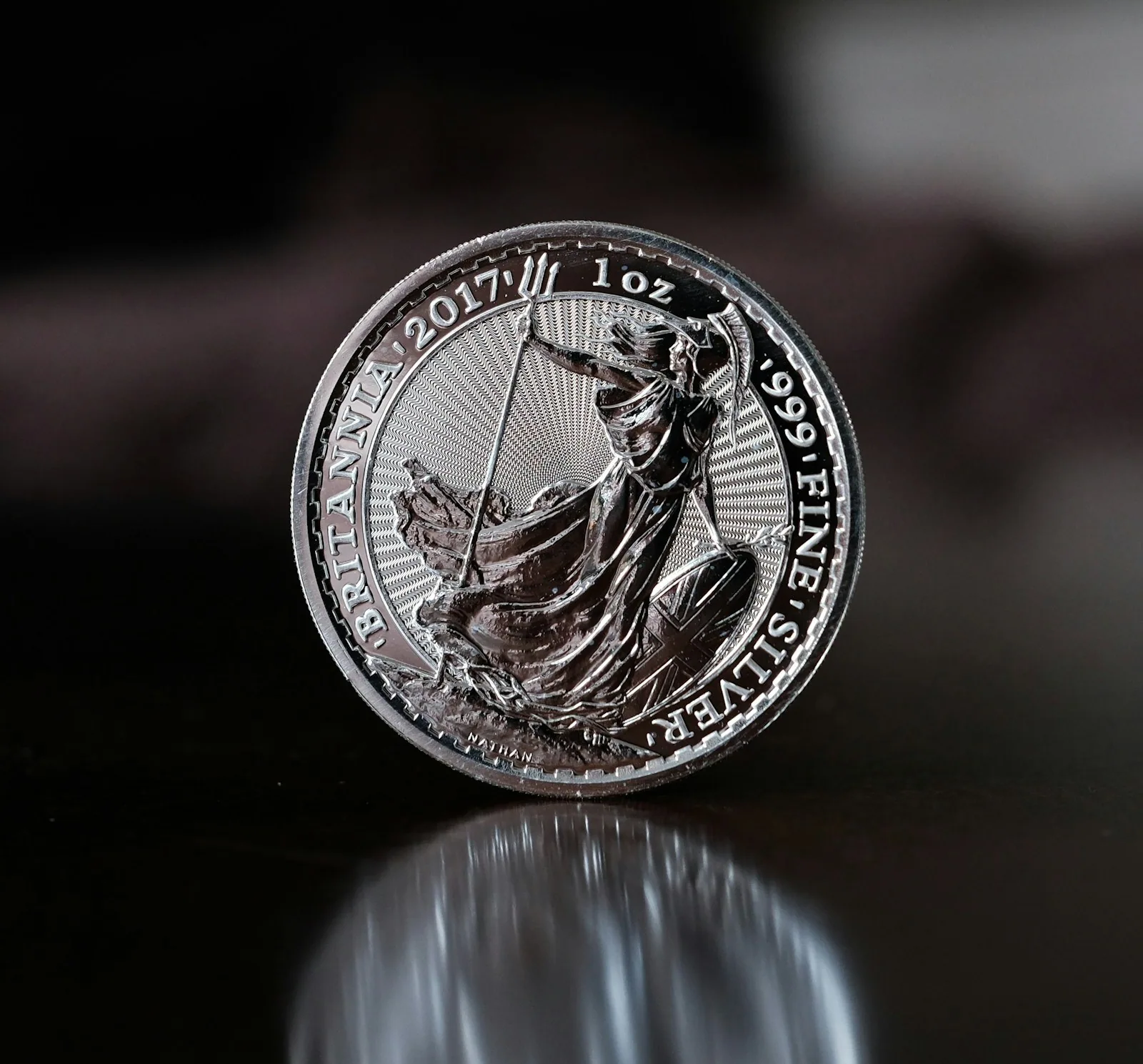 Close-up of the reverse of a silver Britannia bullion coin