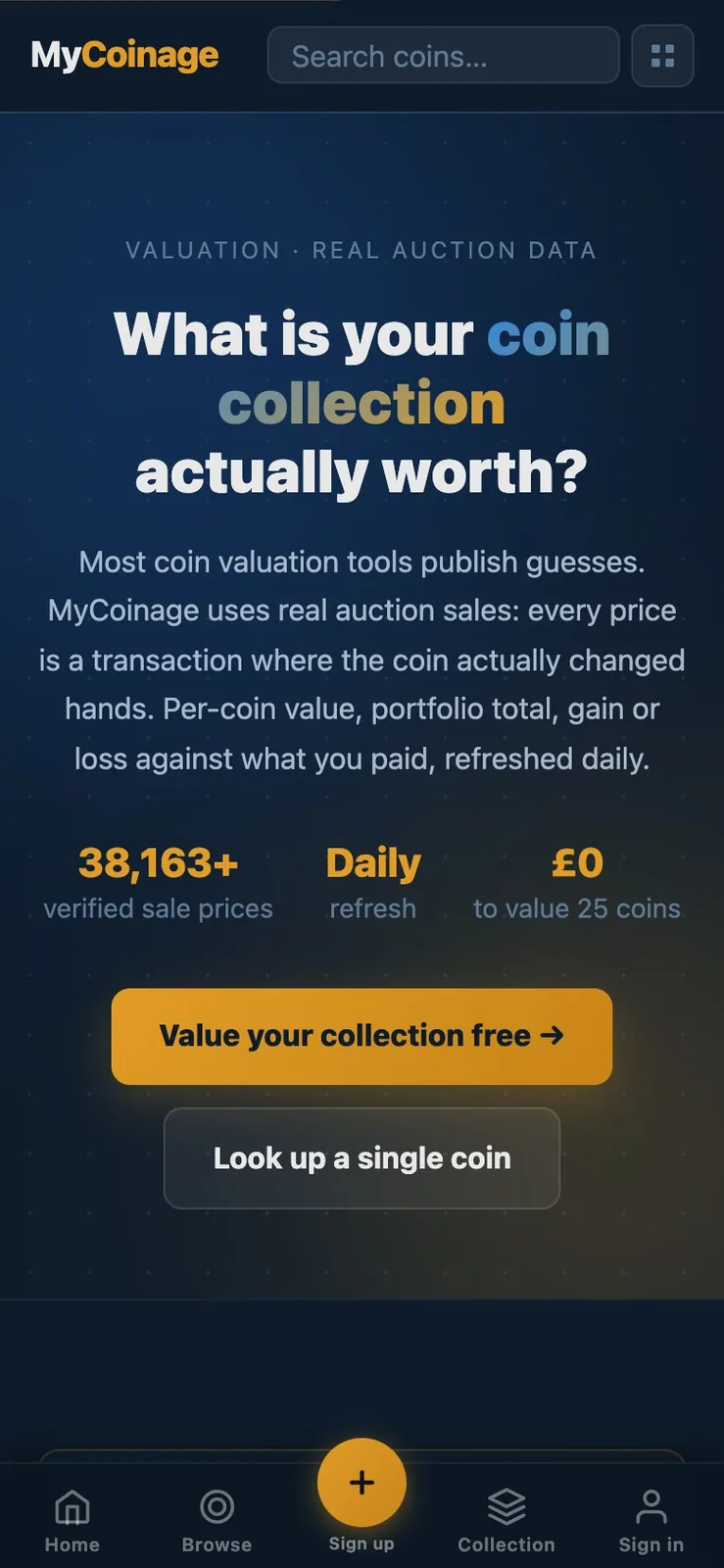 MyCoinage collection value page (mobile) MyCoinage coin collection value page, mobile view