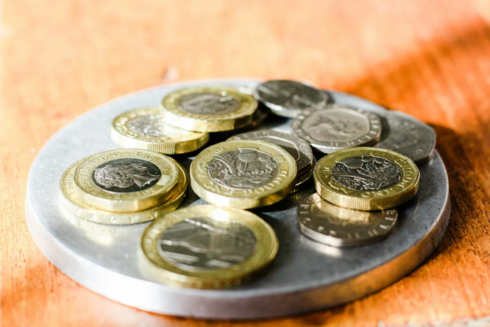 Loose change of one pound, two pound, twenty pence and five pence coins