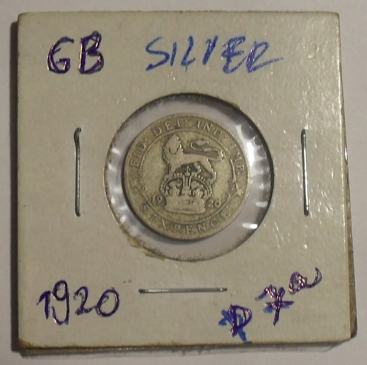 1920 silver sixpence in a cardboard 2x2 coin holder 1920 silver sixpence in a cardboard 2x2 coin holder