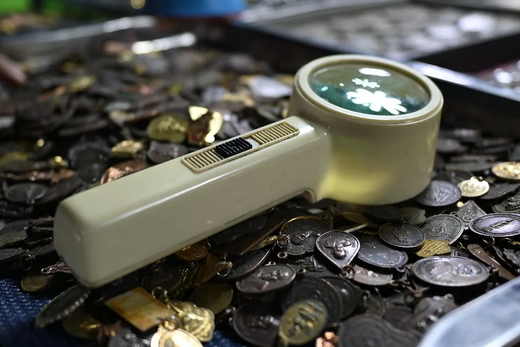 Handheld magnifying glass resting on a scattered pile of coins and Handheld magnifying glass resting on a scattered pile of coins and medals
