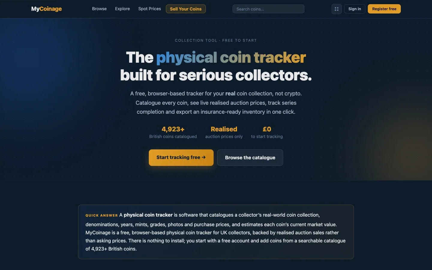 MyCoinage coin collection tracker (desktop) MyCoinage coin collection tracker page shown on a desktop screen