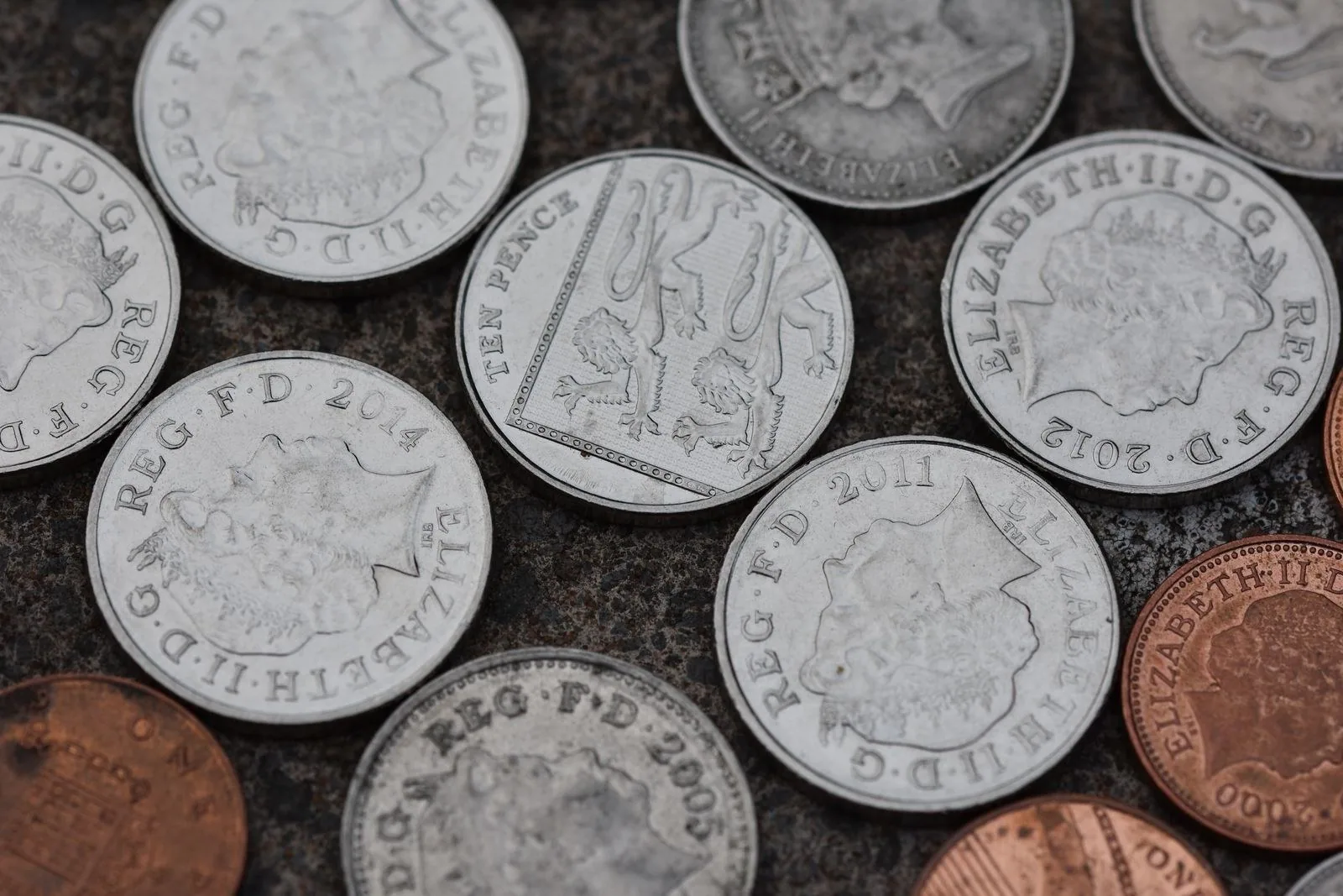 Close-up of assorted coins