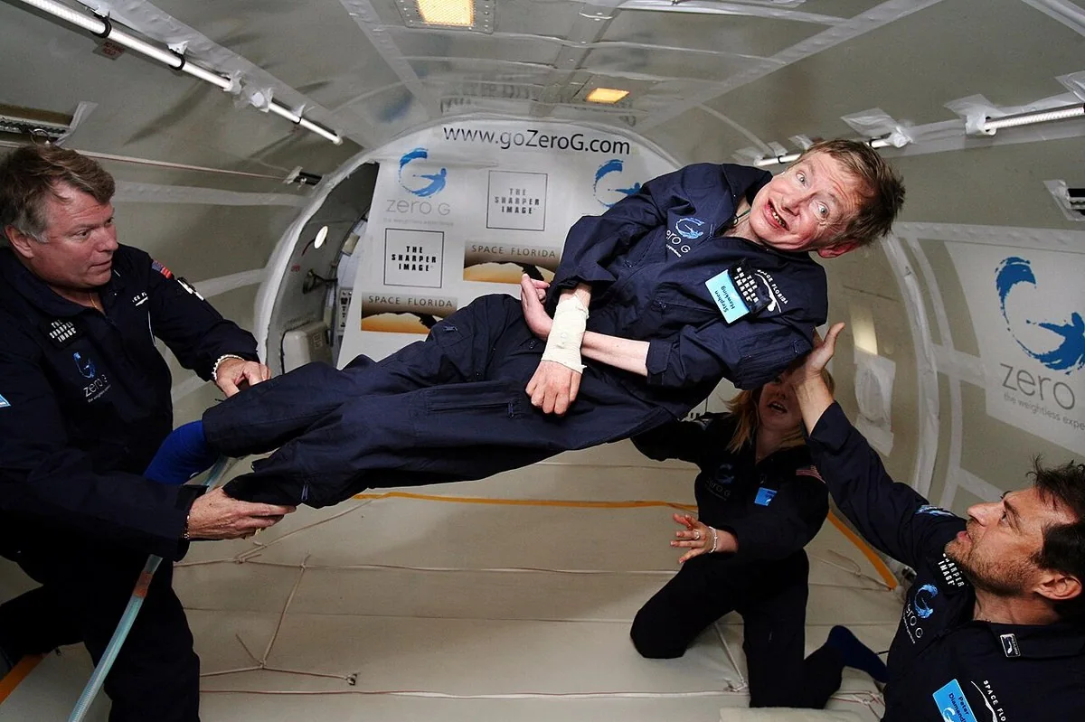 Stephen Hawking floating during a zero-gravity flight